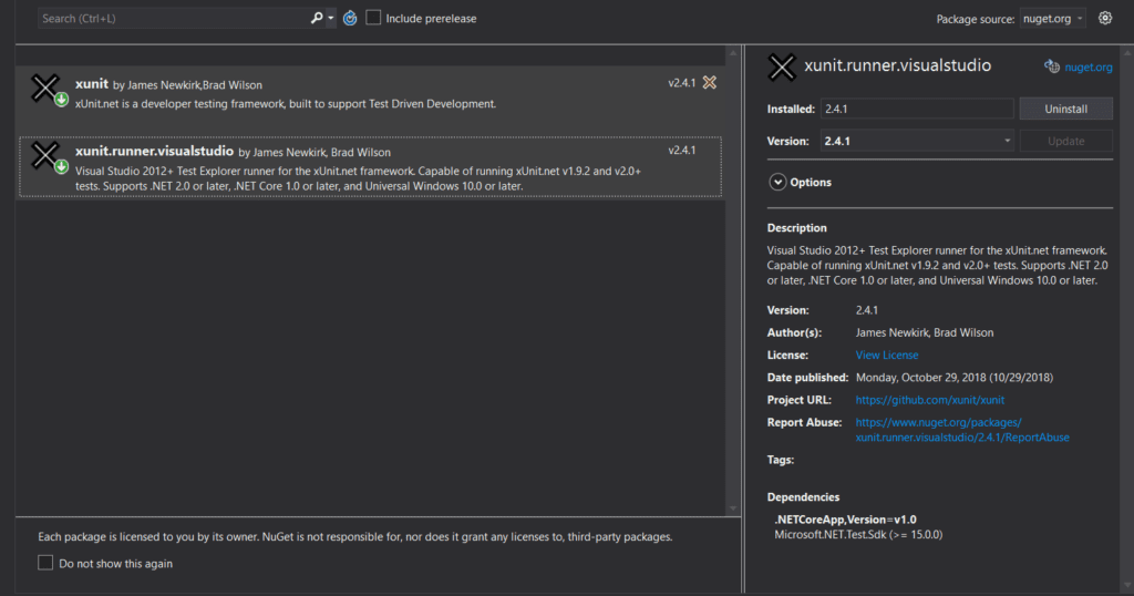 Nuget package management for project in visual studio showing required xUnit packages to solve xUnit tests not running.